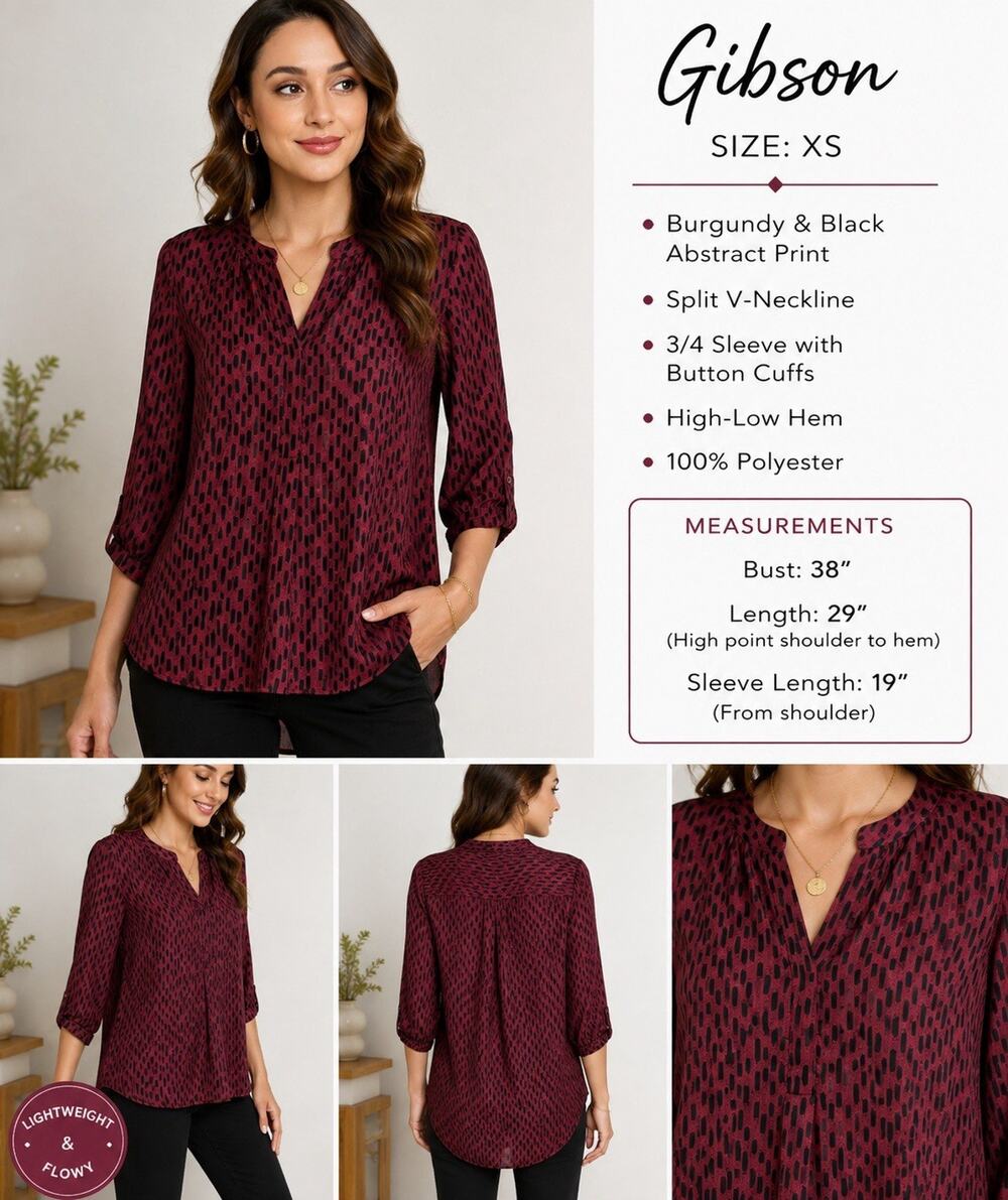 Gibson XS Burgundy Black Abstract Print Sheer Blouse 3/4 Sleeve High Low Top